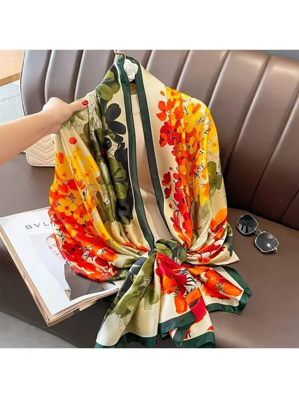 Women's White Orange Light Silk Like Scarves Flower Print Head Cotton Wrap Scarf